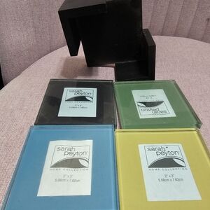 Sarah Peyton 4 Pc Square Solid Glass Photo Coasters w/ Wooden Black Storage Rack